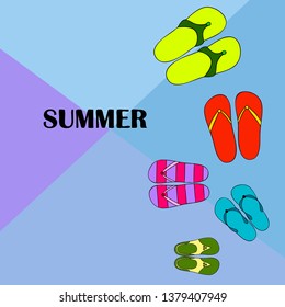 Vector set with cute and colorful summer slippers. Beach vacation. Vector background.
