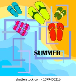 Vector set with cute and colorful summer slippers. Beach vacation. Vector background.