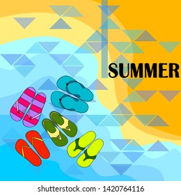 Vector set with cute and colorful summer slippers. Beach vacation. Vector background.