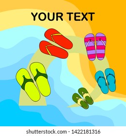Vector set with cute and colorful summer slippers. Beach vacation. Vector background.