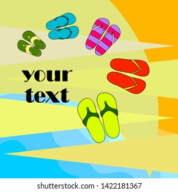 Vector set with cute and colorful summer slippers. Beach vacation. Vector background.