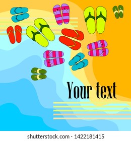 Vector set with cute and colorful summer slippers. Beach vacation. Vector background.