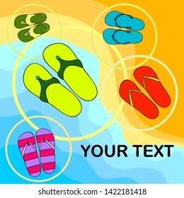 Vector set with cute and colorful summer slippers. Beach vacation. Vector background.