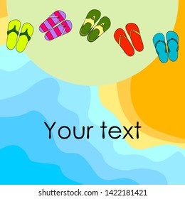 Vector set with cute and colorful summer slippers. Beach vacation. Vector background.