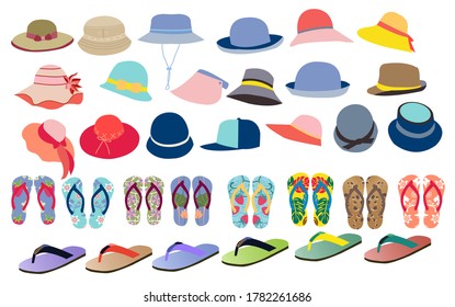 Vector set with cute and colorful summer accessories hats, flip flops for beach holiday design. Collection of accessories for men and women clothes icons