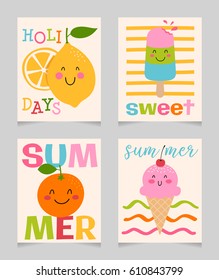 Vector Set Of Cute Colorful Summer Holidays Concept Illustration For Card Design, Banner, Badge, Poster, Web Design