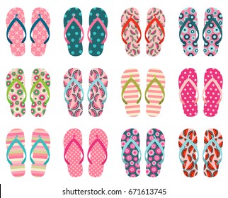 Vector set with cute and colorful summer flip flops for beach holiday designs