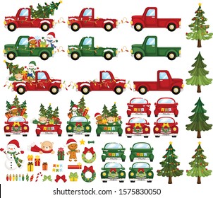 A Vector Set Cute Colourful Christmas Truck and Lots Christmas Characters   Items