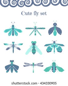 Vector set of cute and colourful flies, dragonflies and other insects. Elements for summer illustration.