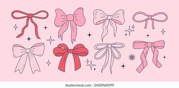 Vector set of cute coquette bows. Pastel pink and red ribbons line art drawings. Hand drawn silk tape accessory. Girly decor cliparts