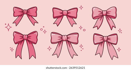 Vector set of cute coquette bows. Pastel pink and red ribbons line art drawings. Hand drawn silk tape accessory. 