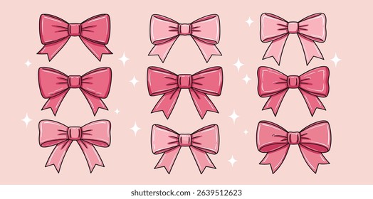 Vector set of cute coquette bows. Pastel pink and red ribbons line art drawings. Hand drawn silk tape accessory. 