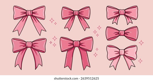 Vector set of cute coquette bows. Pastel pink and red ribbons line art drawings. Hand drawn silk tape accessory. 