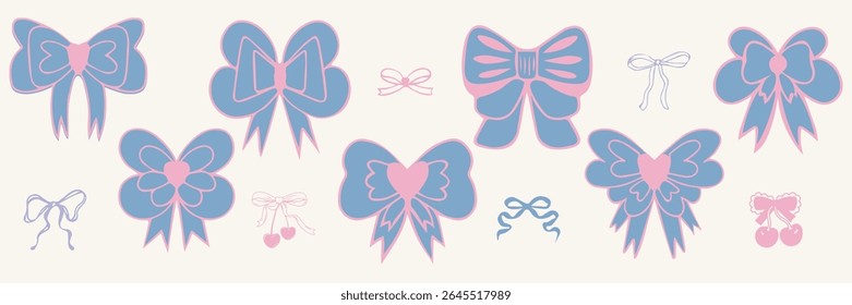 Vector set of cute coquette bows. Pastel pink and blue ribbons line art drawings. Hand drawn silk tape accessory. Girly decor cliparts. Gift bows, Celebration, party