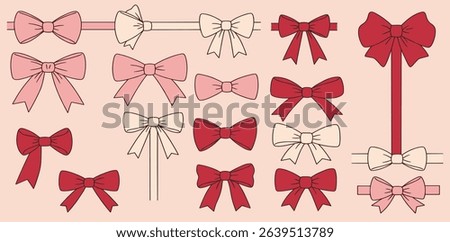 Vector set of cute coquette bows. Pastel pink, white and red elegant ribbons line art illustration. Hand drawn silk tape accessory. 