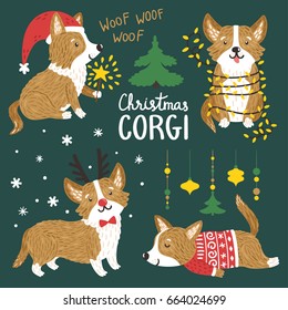 Vector set of cute Corgi dogs with Christmas elements. Funny animals with Santa hat, deer horns, garland of lights, norwegian sweater.