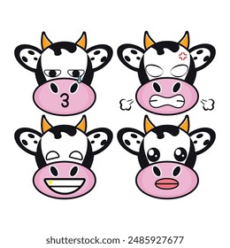 Vector set of cute Cow emoji faces with various expressions. Isolated on white background
