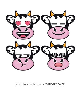 Vector set of cute Cow emoji faces with various expressions. Isolated on white background
