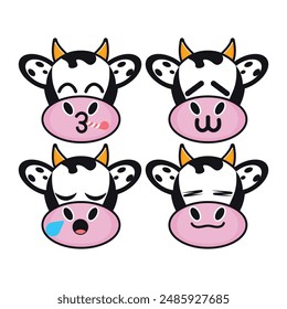 Vector set of cute Cow emoji faces with various expressions. Isolated on white background
