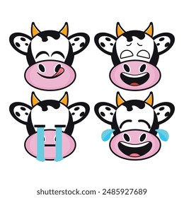 Vector set of cute Cow emoji faces with various expressions. Isolated on white background

