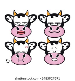 Vector set of cute Cow emoji faces with various expressions. Isolated on white background
