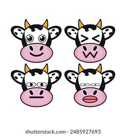 Vector set of cute Cow emoji faces with various expressions. Isolated on white background
