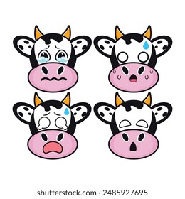 Vector set of cute Cow emoji faces with various expressions. Isolated on white background
