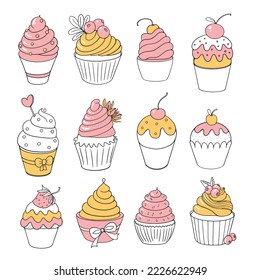 Vector set of cute cupcakes, in yellow and pink colors, sketch