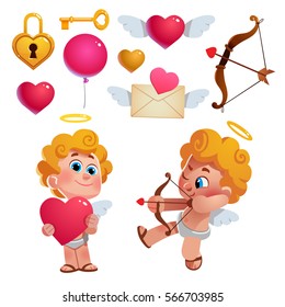 Vector set of cute cupids and items for Valentine's Day. Heart, envelope, love letter, and other elements.