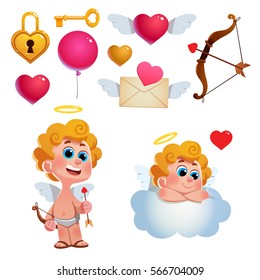 Vector set of cute cupids and items for Valentine's Day. Heart, envelope, love letter, and other elements.