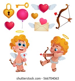 Vector set of cute cupids and items for Valentine's Day. Heart, envelope, love letter, and other elements.