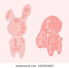 Conjunto vectorial de conejos adorables. Colección con dibujos animados de color rosa con motivos florales. Animales para vivero, postales y sublimación