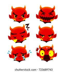 Vector set of cute devil, satan, lucifer character in different emotions, expressions isolated on white background.