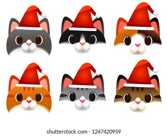 Vector set of cute different cat heads 
 wearing Christmas hat isolated on white background