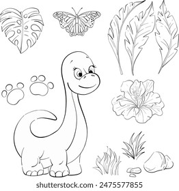 Vector set - cute dino Diplodocus for nursery, newborn. Jurassic period. Cartoon animal, tropical leaves, flower, rocks for kids design. Black silhouette for circuit