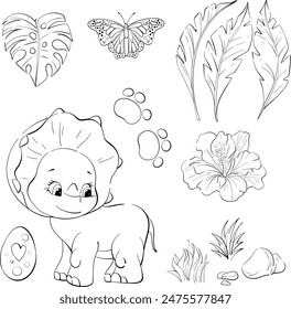 Juego de Vector - lindo dino Triceratops para guardería, recién nacido. Período jurásico. Animales de dibujos animados, hojas tropicales, flores, rocas para niños diseño. Silueta negra para circuito