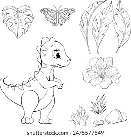 Vector set - cute dino tyrannosaur for nursery, newborn. Jurassic period. Cartoon animal, tropical leaves, flower, rocks for kids design. Black silhouette for circuit