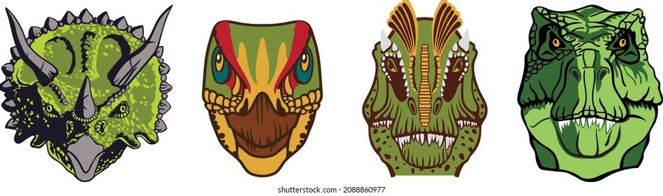 Vector set cute dinosaur faces. Set of 4 Dinosaur design cover for children protective face mask