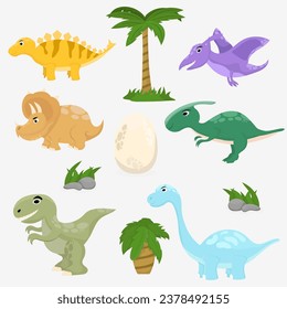 Vector set of cute dinosaurs with 2 palm trees grass and stone.