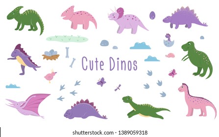 Vector set of cute dinosaurs with clouds, eggs, bones, birds for children. Dino flat cartoon characters. Cute prehistoric reptiles illustration.
