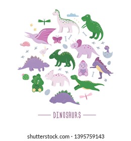 Vector set of cute dinosaurs with clouds, eggs, bones, birds for children framed in circle. Dino flat cartoon characters concept. Cute prehistoric reptiles illustration.
