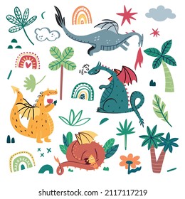 Vector set cute dinosaurs isolated on white background. Vector hand drawn clipart.