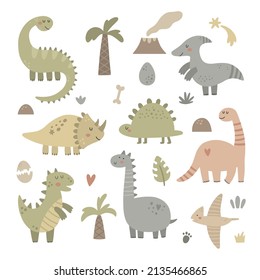 vector set of cute dinosaurs in neutral boho color palette, funny clipart collection for kids