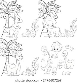 Vector set - cute dinosaurs for nursery, newborn. Jurassic period. Cartoon animal, tropical leaves, flower, rocks for kids design. Black silhouette