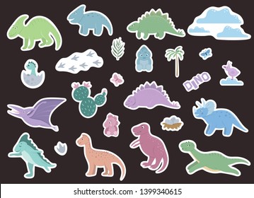 Vector set of cute dinosaurs stickers with clouds, eggs, birds, footprints, cactus, palm tree for children. Dino flat cartoon characters concept. Cute prehistoric reptiles illustration