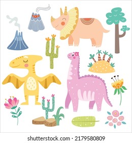 Vector set with cute dinosaurs and tropical leaves, palm trees, trees, cacti, flowers.