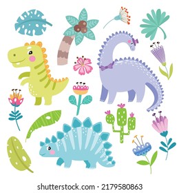 Vector ambientado con lindos dinosaurios y hojas tropicales, palmeras, árboles, cactus, flores.