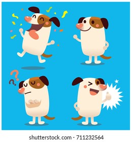 Vector set of cute dog character in different actions, emotions isolated on blue background.