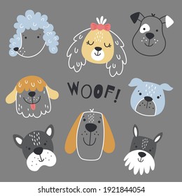 vector set of cute dog face in scandinavian style, dark grey background