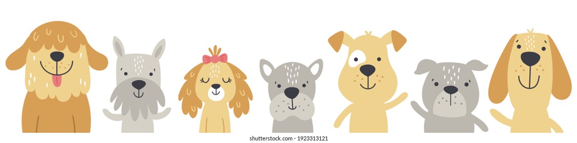 Vector Set Of Cute Dogs Alligned In A Row, White Background